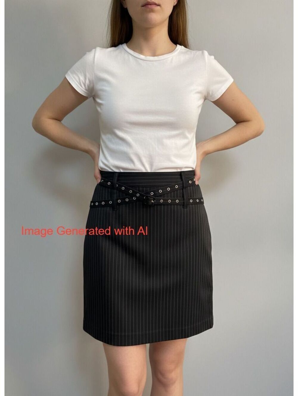 Esther Chen Black White Pinstripe Miniskit With Double Belt Loops Size 10 EUC